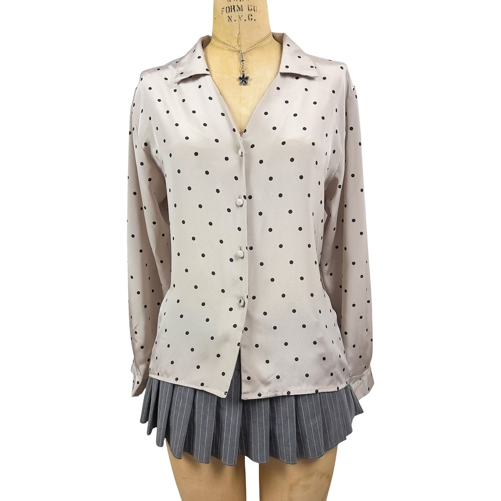 Richards Vintage Taupe Polka Dot Satin Blouse Notched Collar Button Up Size 14